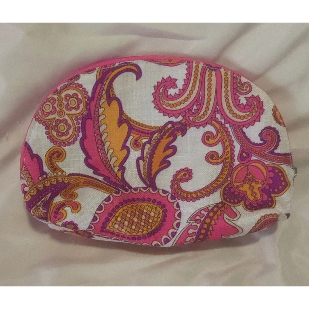 Clinique Pink Orange Paisley Dome Makeup Bag Cosmetic Pouch Travel Case Zipper